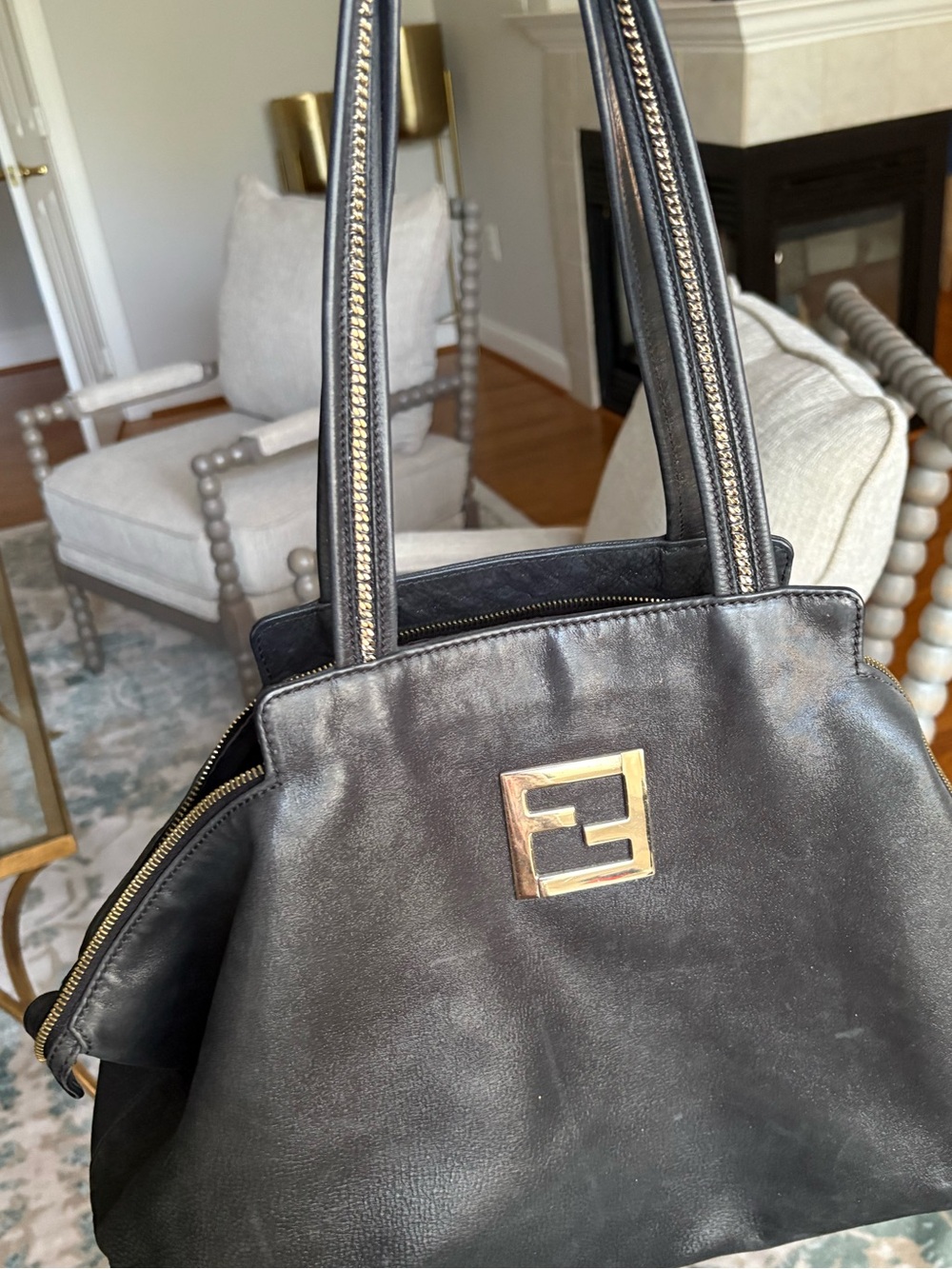Fendi Black Leather Shoulder Bag with Gold Logo